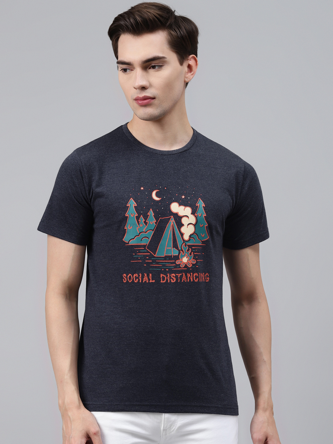 Men Navy Blue Printed Round Neck T-shirt - Companion